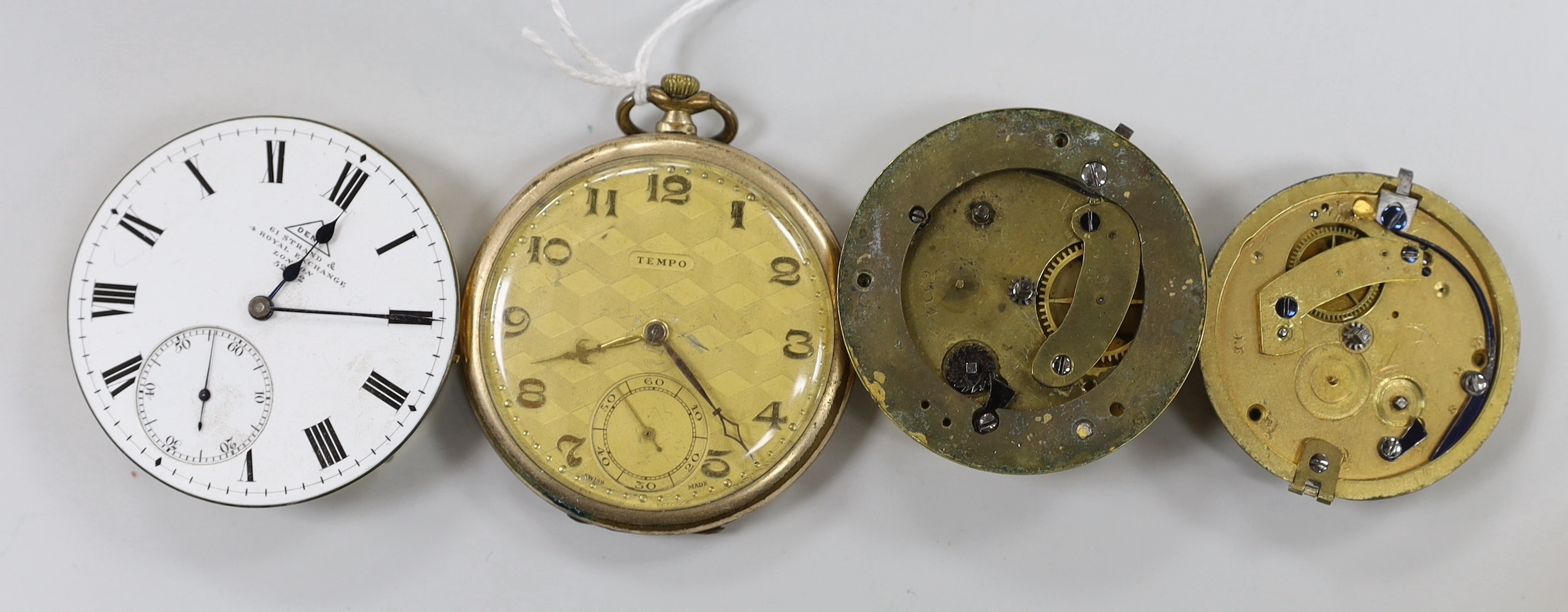 A gold plated Tempo open faced pocket watch and three pocket watch movements.